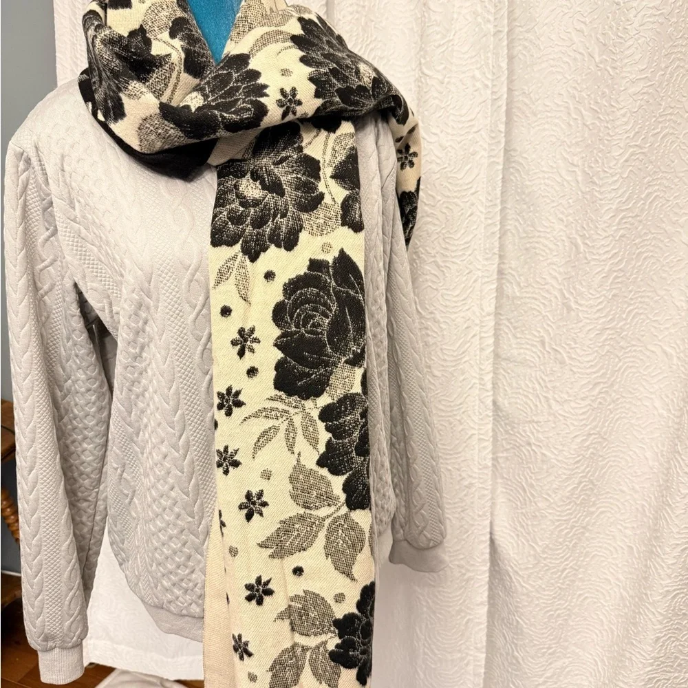 Large Floral Black and Cream Reversible Shawl,Scarf, Poncho.